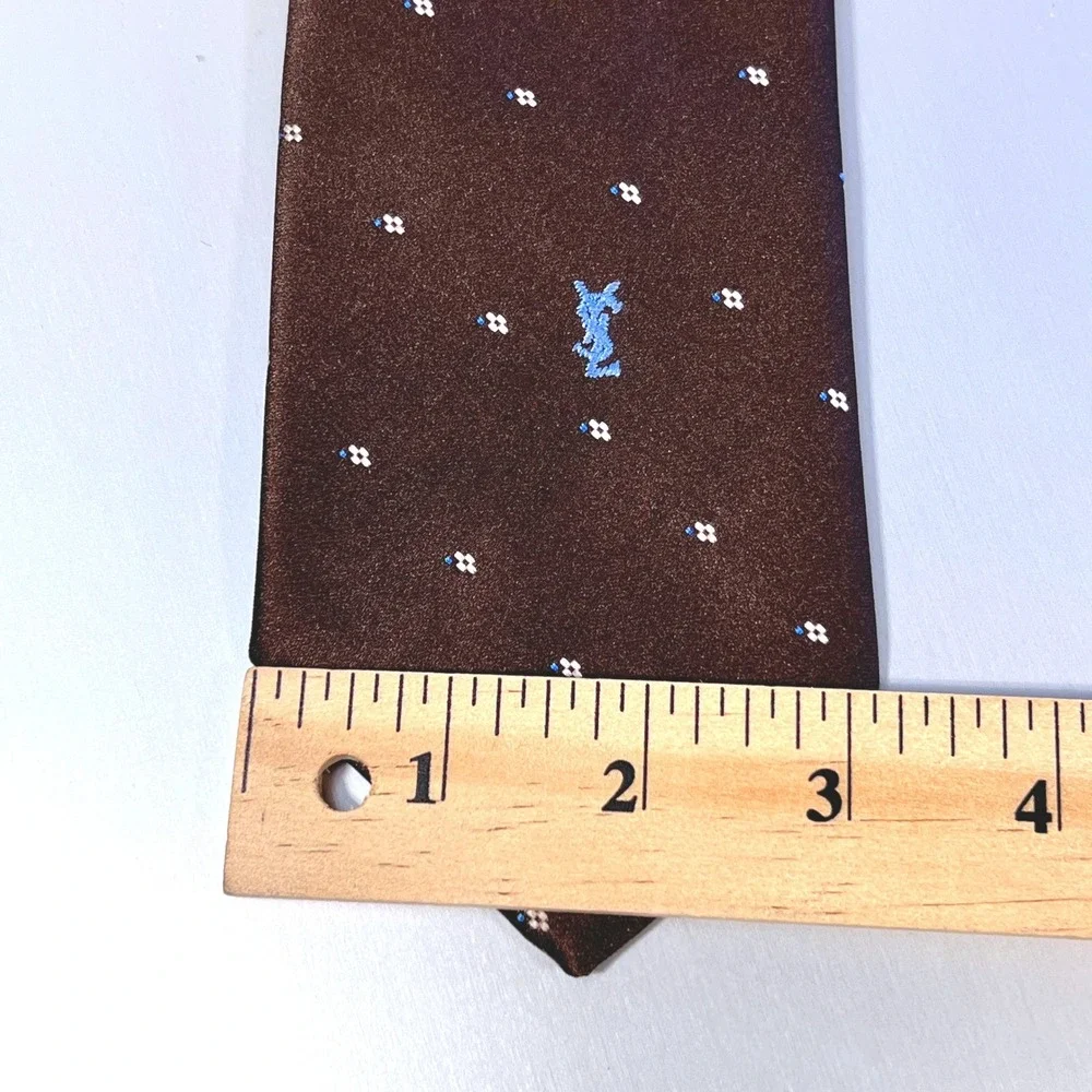 Yves Saint Laurent Mens Silk Tie Brown Floral Monogram Logo Necktie vintage YSL